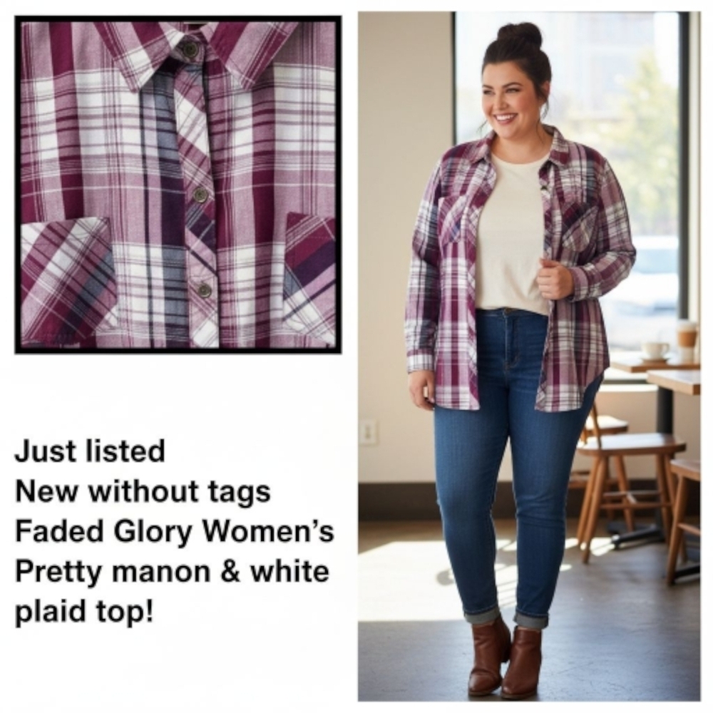 💥FADED GLORY New  Plus Size Women's  Purple & White Plaid longsleeve Shirt 3X